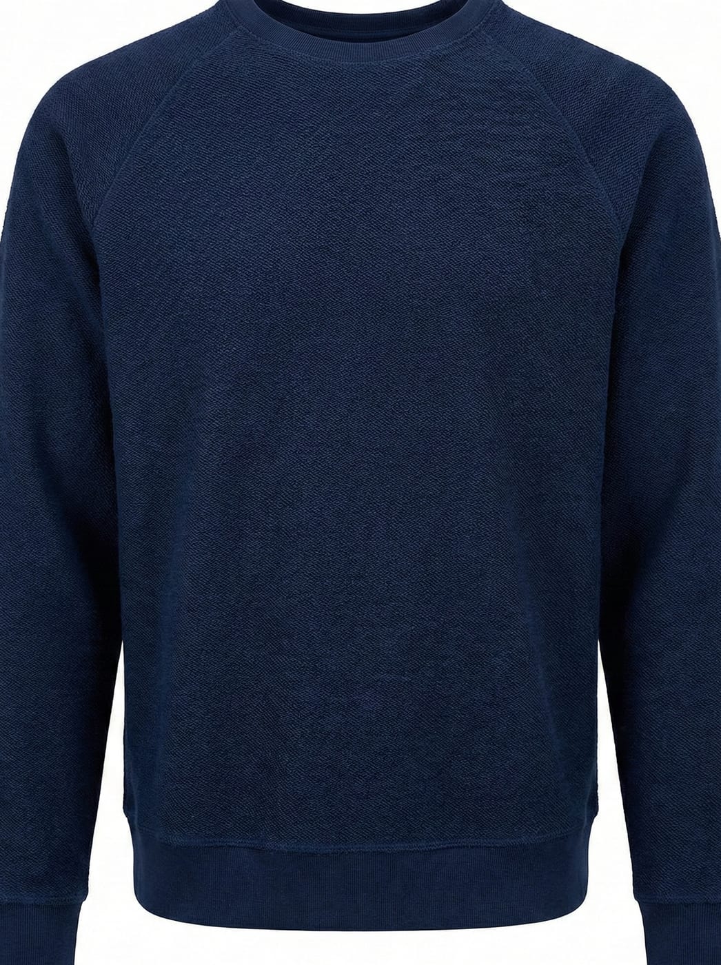 Navy raglan sweatshirt, shoulder and sleeve detail