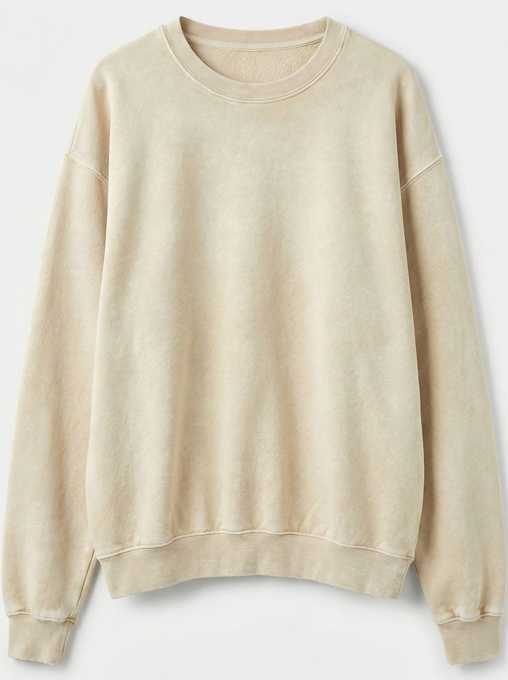 Oatmeal crew sweatshirt showing knit surface and rib detail