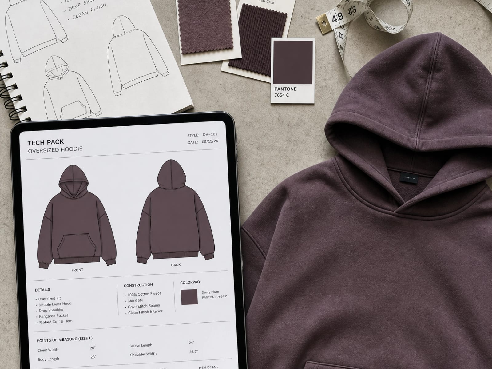 A hoodie tech pack open on a tablet beside the garment it specifies