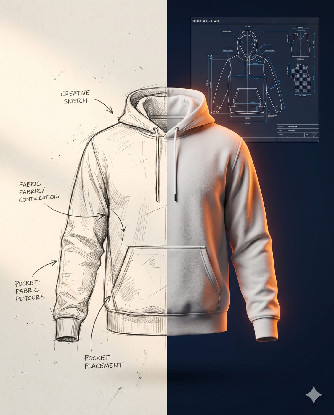 Technical flat drawing of a hoodie with callouts