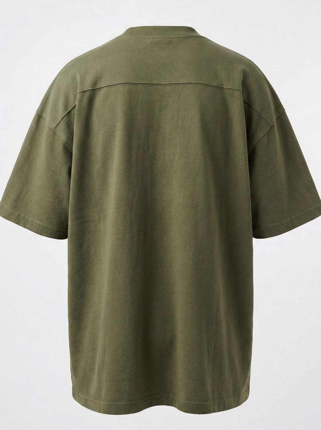 Olive drop-shoulder t-shirt, back view with yoke seam