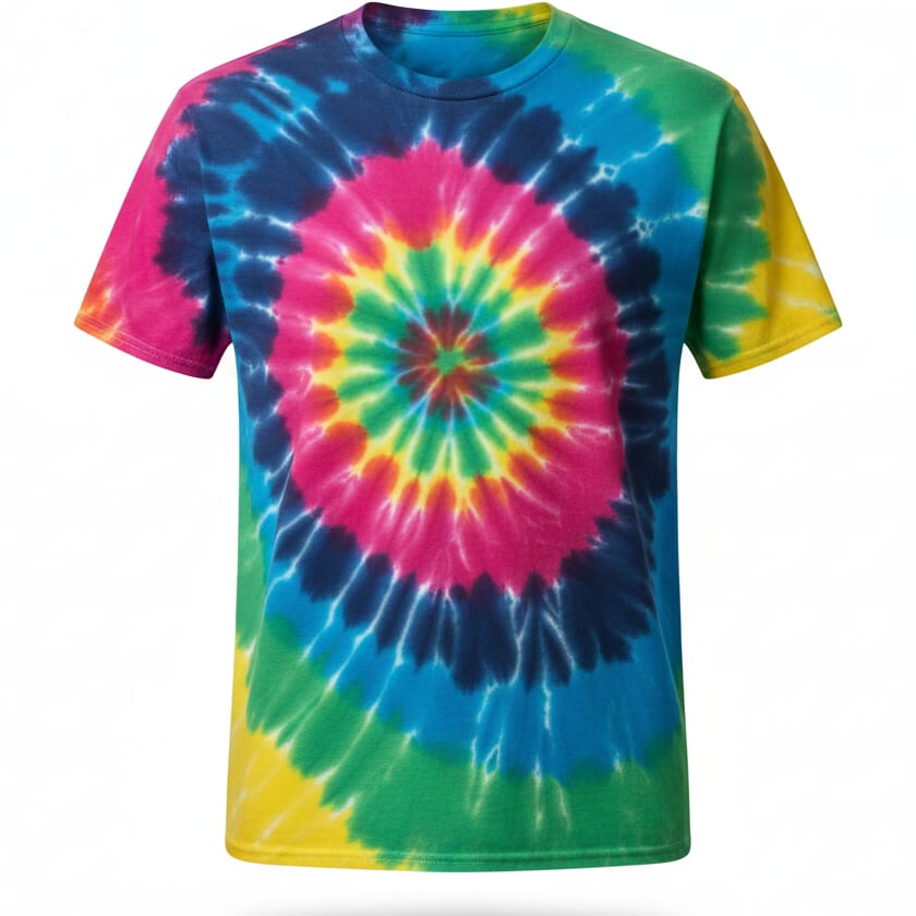 Spiral tie-dye finish on a cotton tee