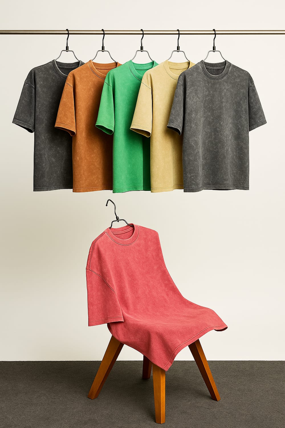 Range of acid-wash t-shirts in multiple colors