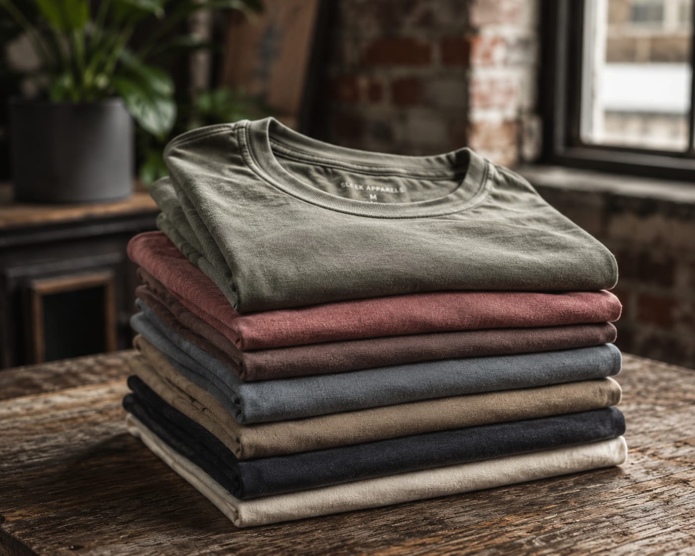 A stack of folded Sleek Apparels t-shirts in earthy tones with a woven brand label