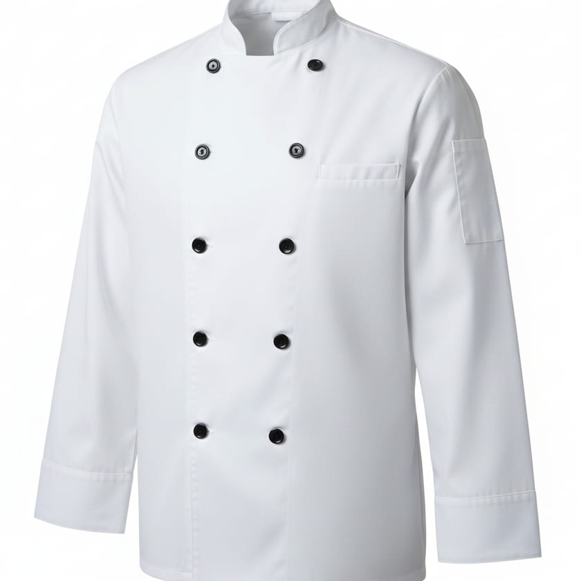 White double-breasted chef coat in woven cotton twill
