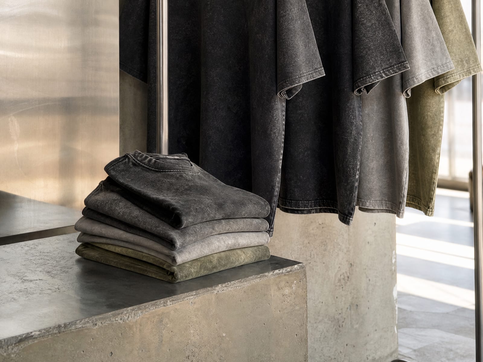 Garment-washed oversized tees hanging on a rail above a folded stack
